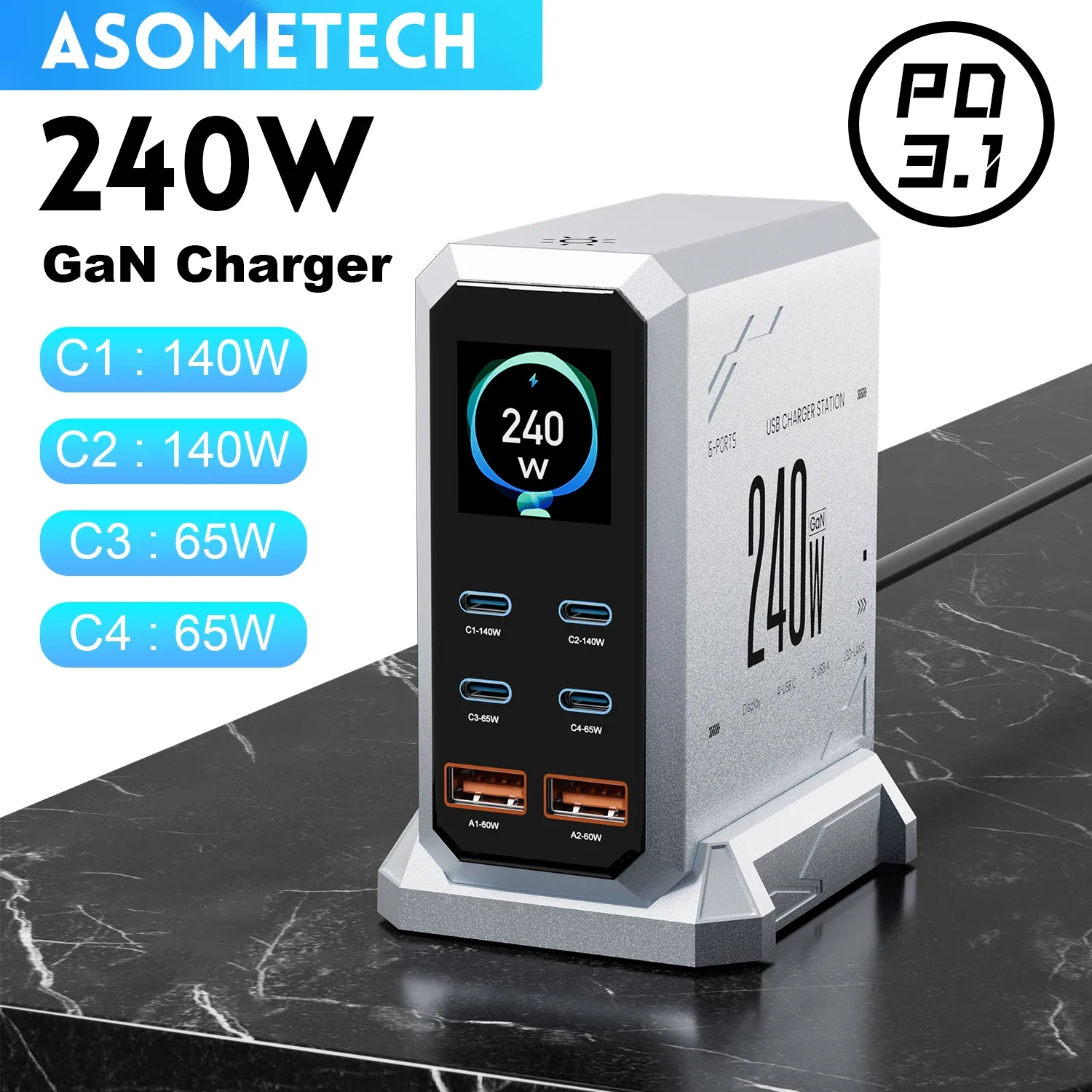 240W GaN Charger PD3.1 140W USB Type C 6 Ports PPS PD Desktop Fast Charging Station for MacBook Laptops Tablet iPhone Samsung